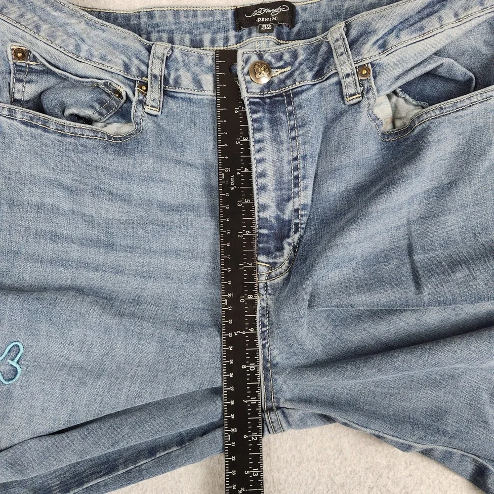 Ed Hardy Jeans Women's 32 Blue Wide Leg Tattoo Embroidered Eagle Heart Graphic‎